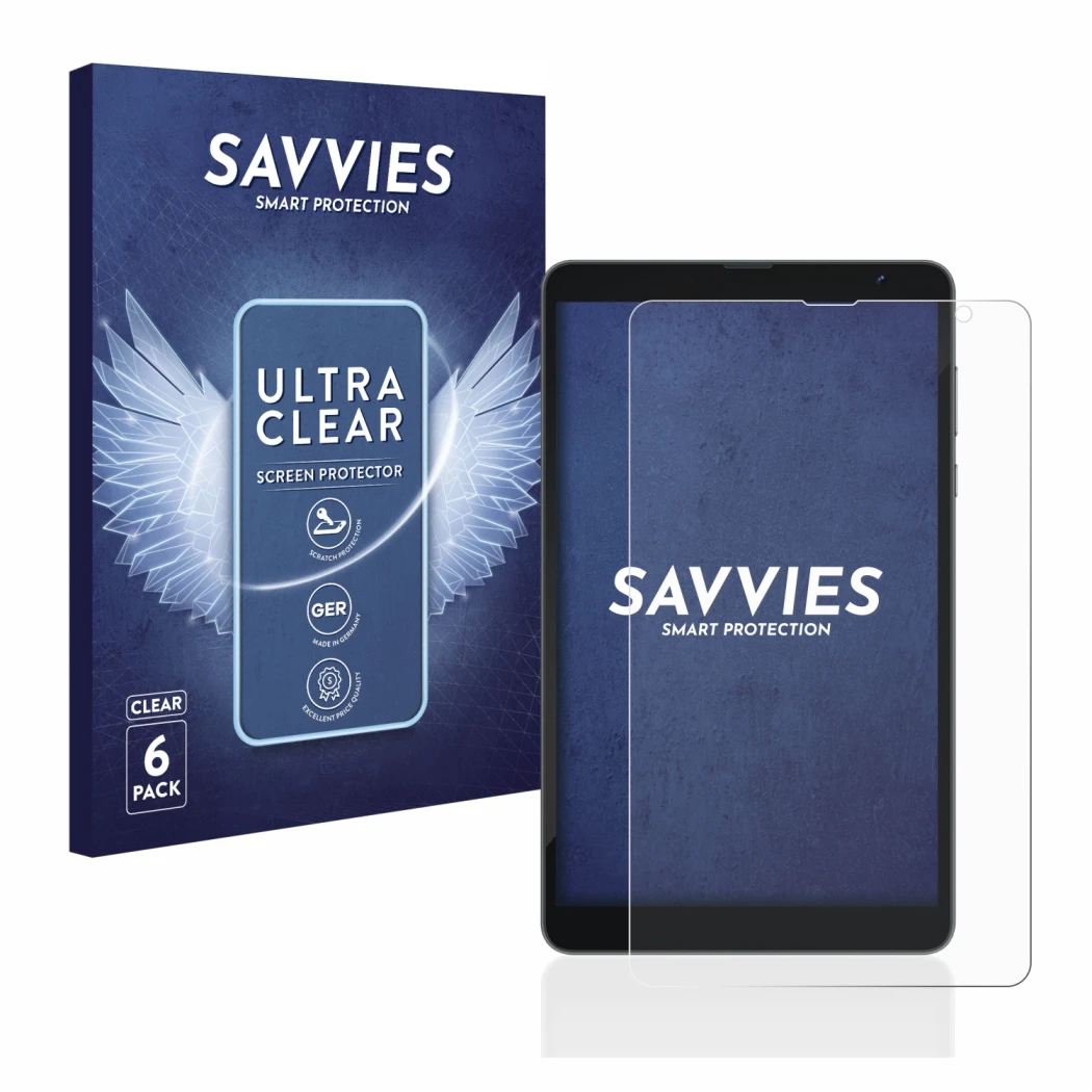 Front side of a product packaging with the brand logo Savvies. Next to it is the device Blackview Tab 6 shown with the corresp