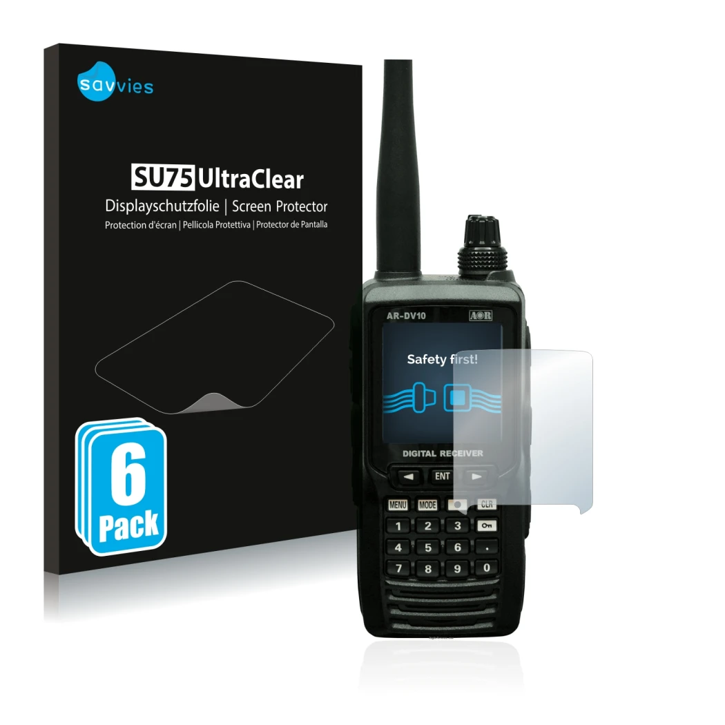 Front side of a product packaging with the brand logo Savvies. Next to it is the device Aor AR-DV10 shown with the correspondi