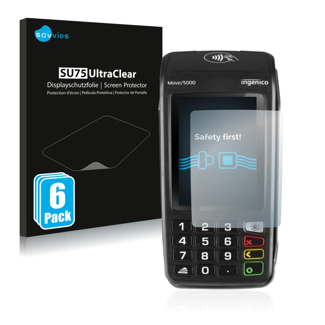 Front side of a product packaging with the brand logo Savvies. Next to it is the device ingenico Move 5000 shown with the corr
