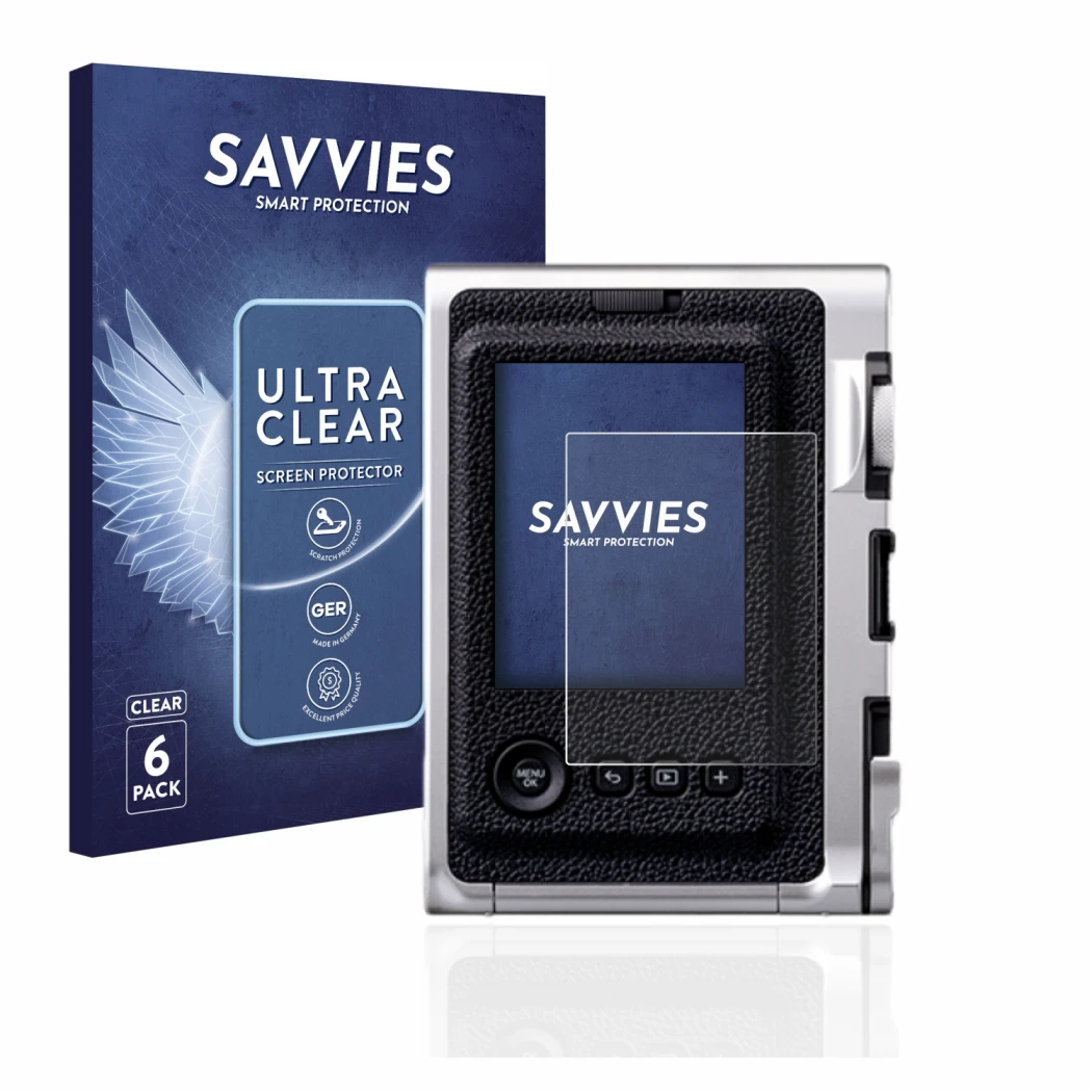 Front side of a product packaging with the brand logo Savvies. Next to it is the device Fujifilm Instax Mini Evo shown with th