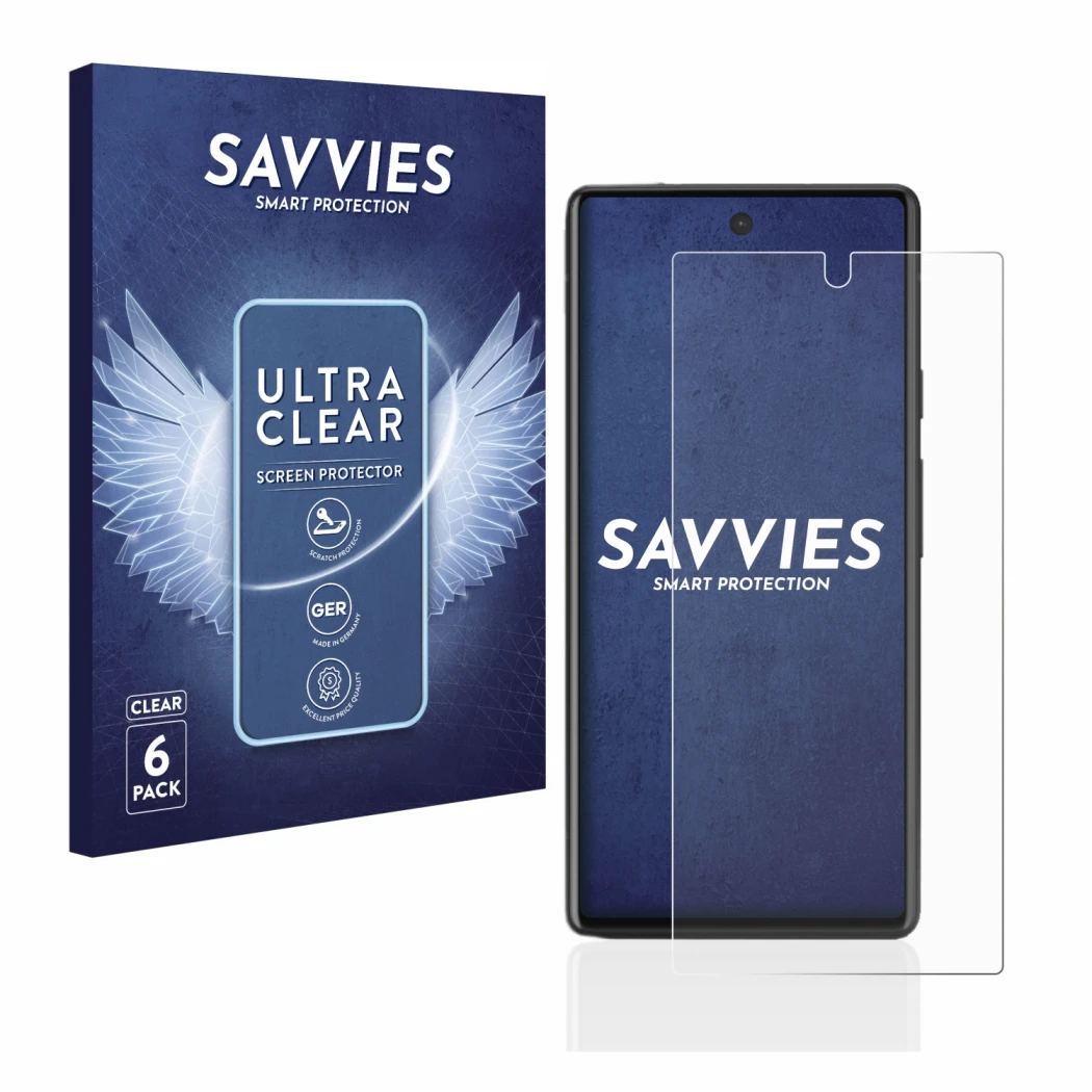 Front side of a product packaging with the brand logo Savvies. Next to it is the device Google Pixel 6a shown with the corresp