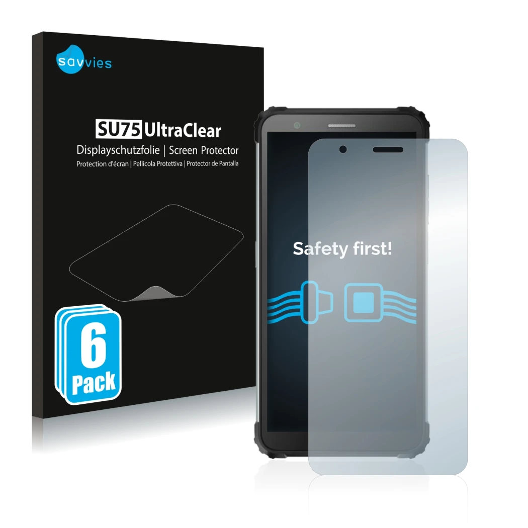Front side of a product packaging with the brand logo Savvies. Next to it is the device Blackview BV6600 Pro shown with the co