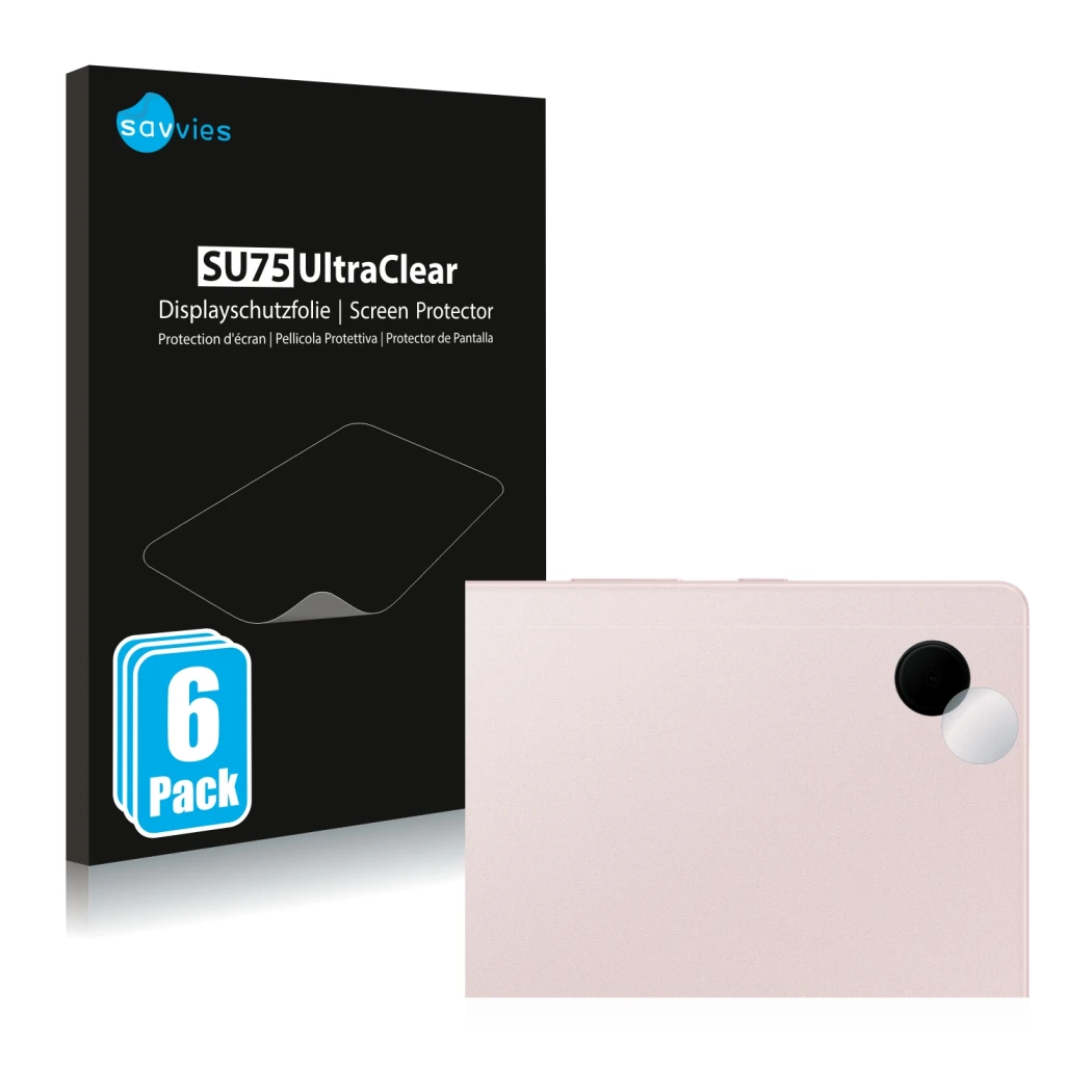 Front side of a product packaging with the brand logo Savvies. Next to it is the device Samsung Galaxy Tab A8 WiFi (ONLY Camer