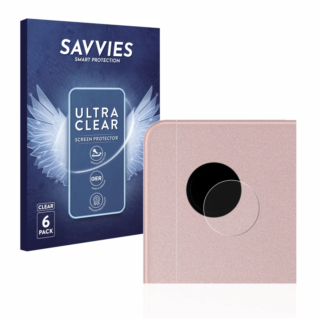 Front side of a product packaging with the brand logo Savvies. Next to it is the device Samsung Galaxy Tab A8 LTE (ONLY Camera