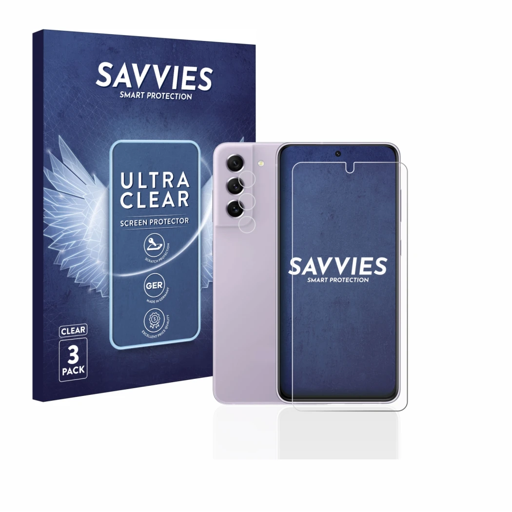 Front side of a product packaging with the brand logo Savvies. Next to it is the device Samsung Galaxy S21 FE 5G (Front+Camera