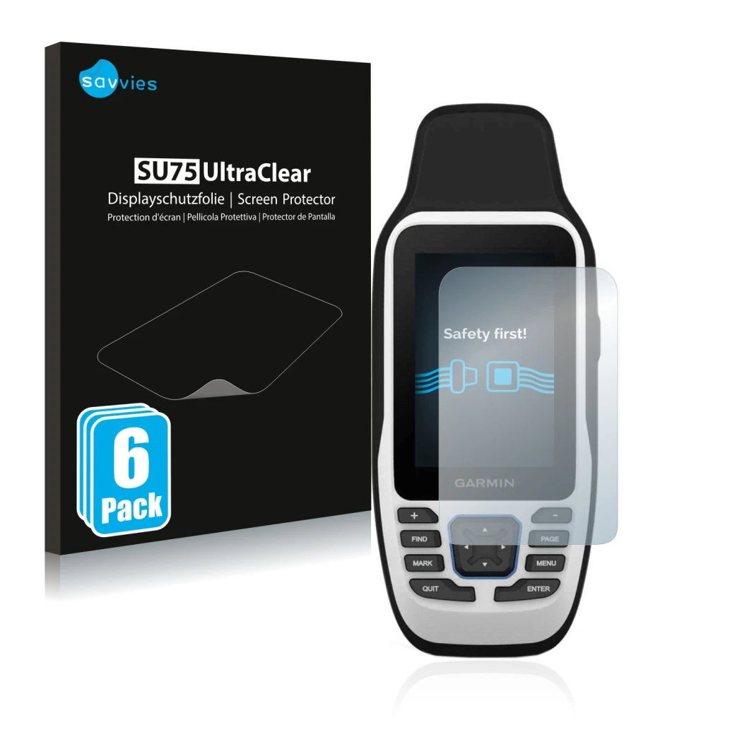 Front side of a product packaging with the brand logo Savvies. Next to it is the device Garmin GPSMAP 79s shown with the corre