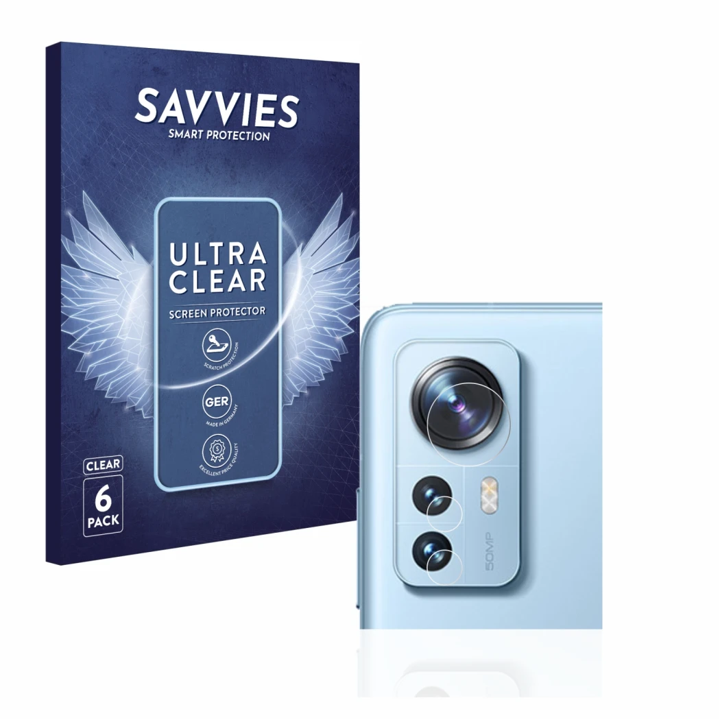 Front side of a product packaging with the brand logo Savvies. Next to it is the device Xiaomi 12 (ONLY Camera Lens) shown wit