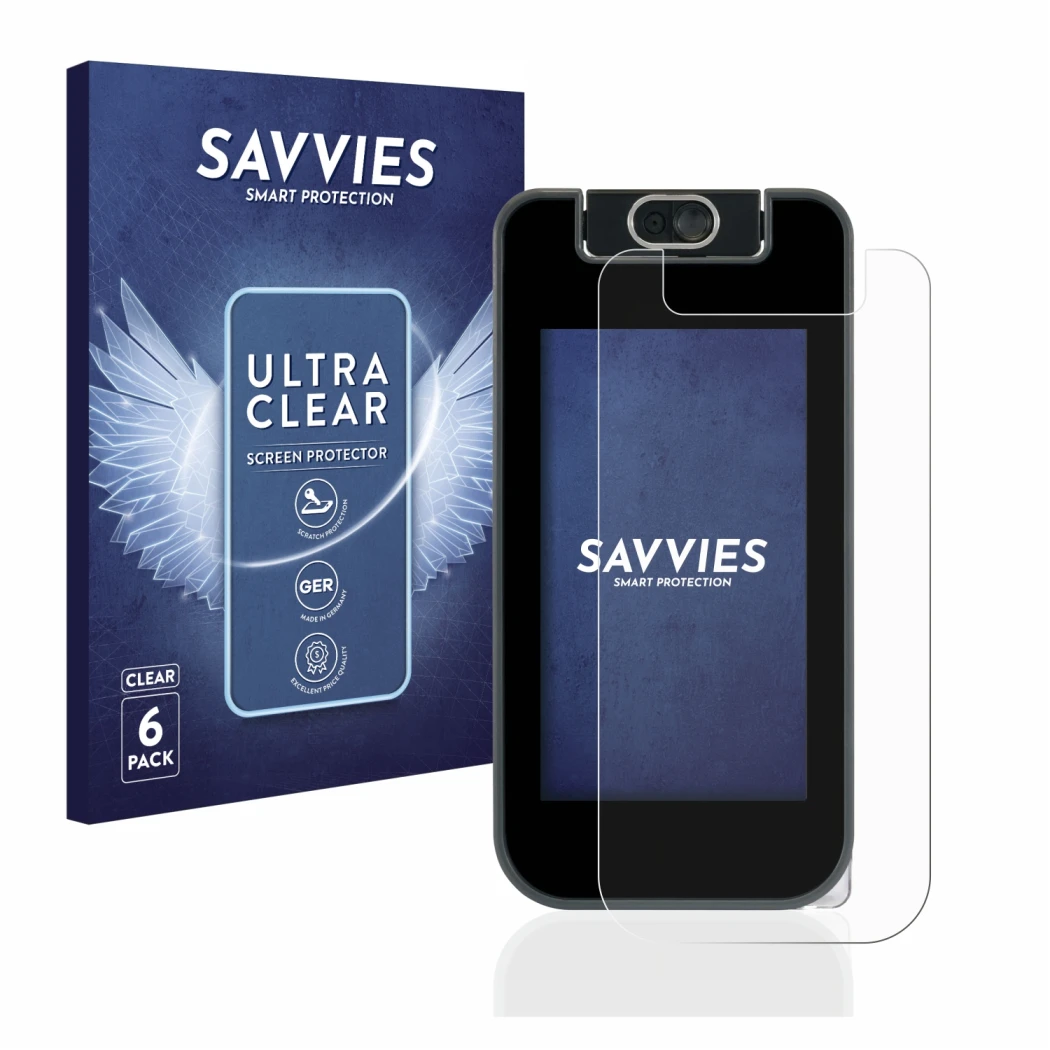 Front side of a product packaging with the brand logo Savvies. Next to it is the device Vtech Kidicom Advance 3.0 shown with t