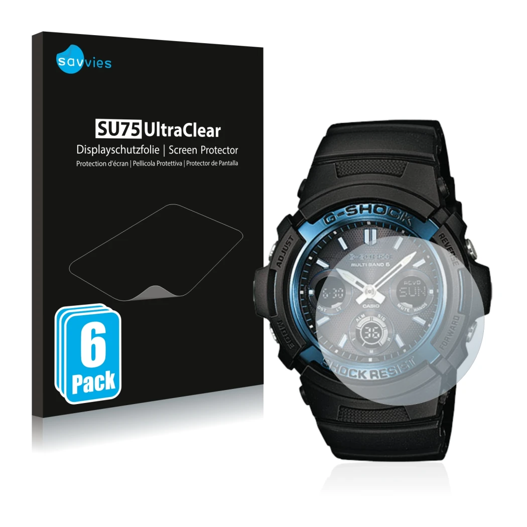 Front side of a product packaging with the brand logo Savvies. Next to it is the device Casio AWG M100 shown with the correspo