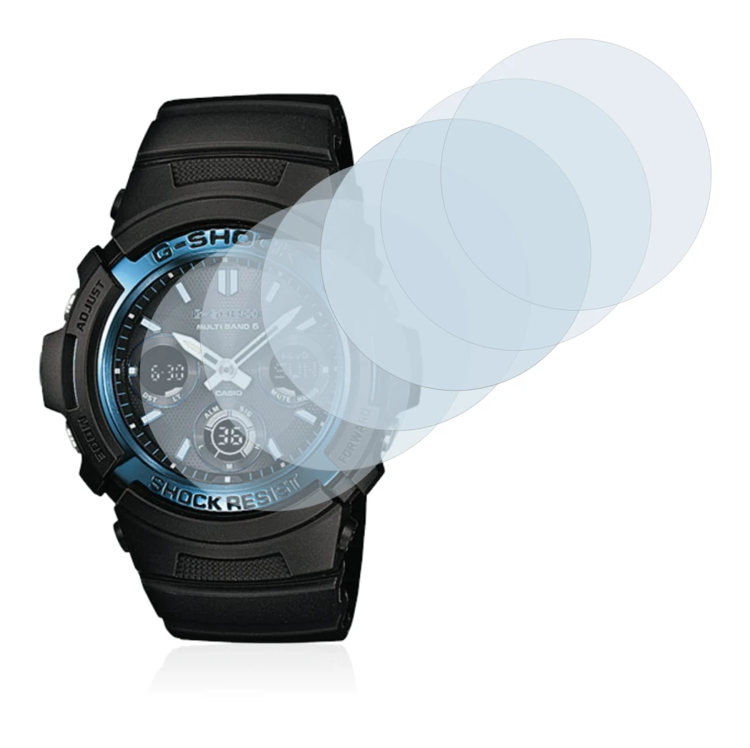 Image of the device Casio AWG M100 with a wide variety of screen protectors.
