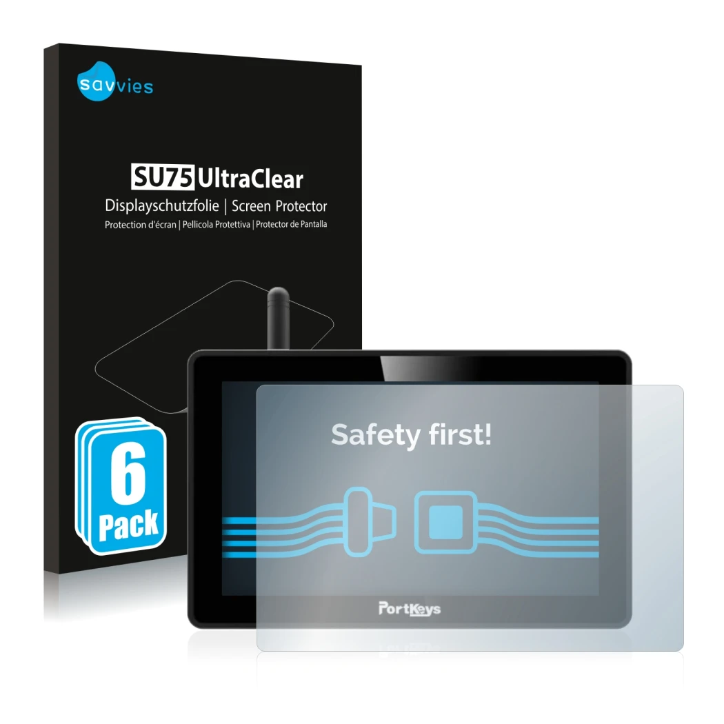 Front side of a product packaging with the brand logo Savvies. Next to it is the device Portkeys BM5 WR shown with the corresp