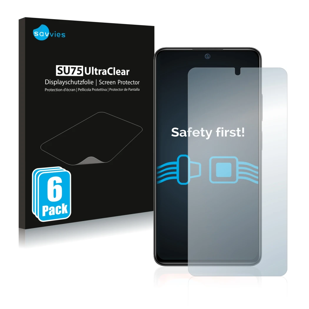 Front side of a product packaging with the brand logo Savvies. Next to it is the device Xiaomi Redmi Note 11 Pro shown with th