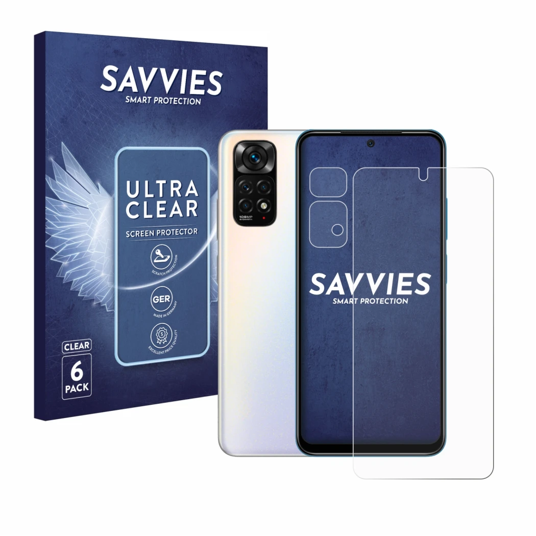 Front side of a product packaging with the brand logo Savvies. Next to it is the device Xiaomi Redmi Note 11S (Front+Camera) s