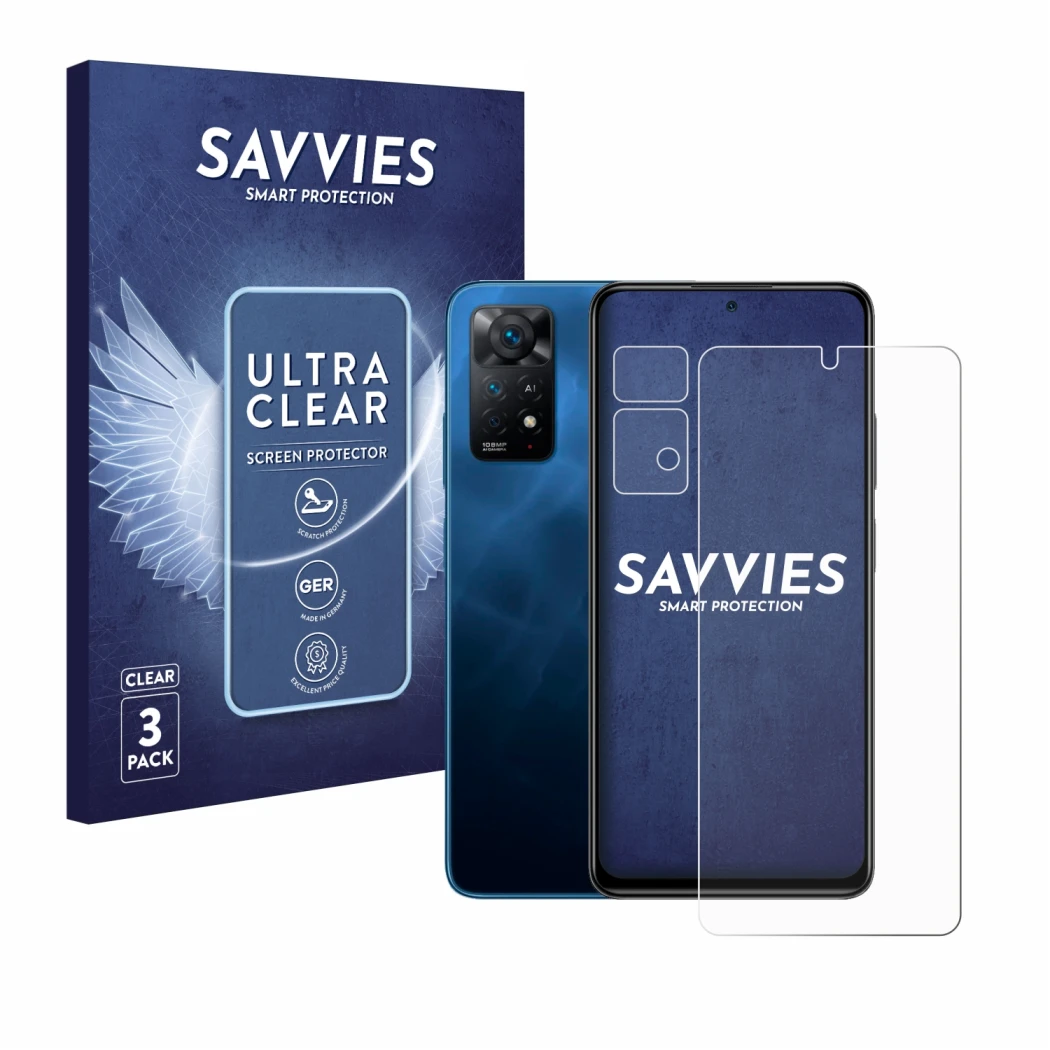Front side of a product packaging with the brand logo Savvies. Next to it is the device Xiaomi Redmi Note 11 Pro 5G (Front+Cam