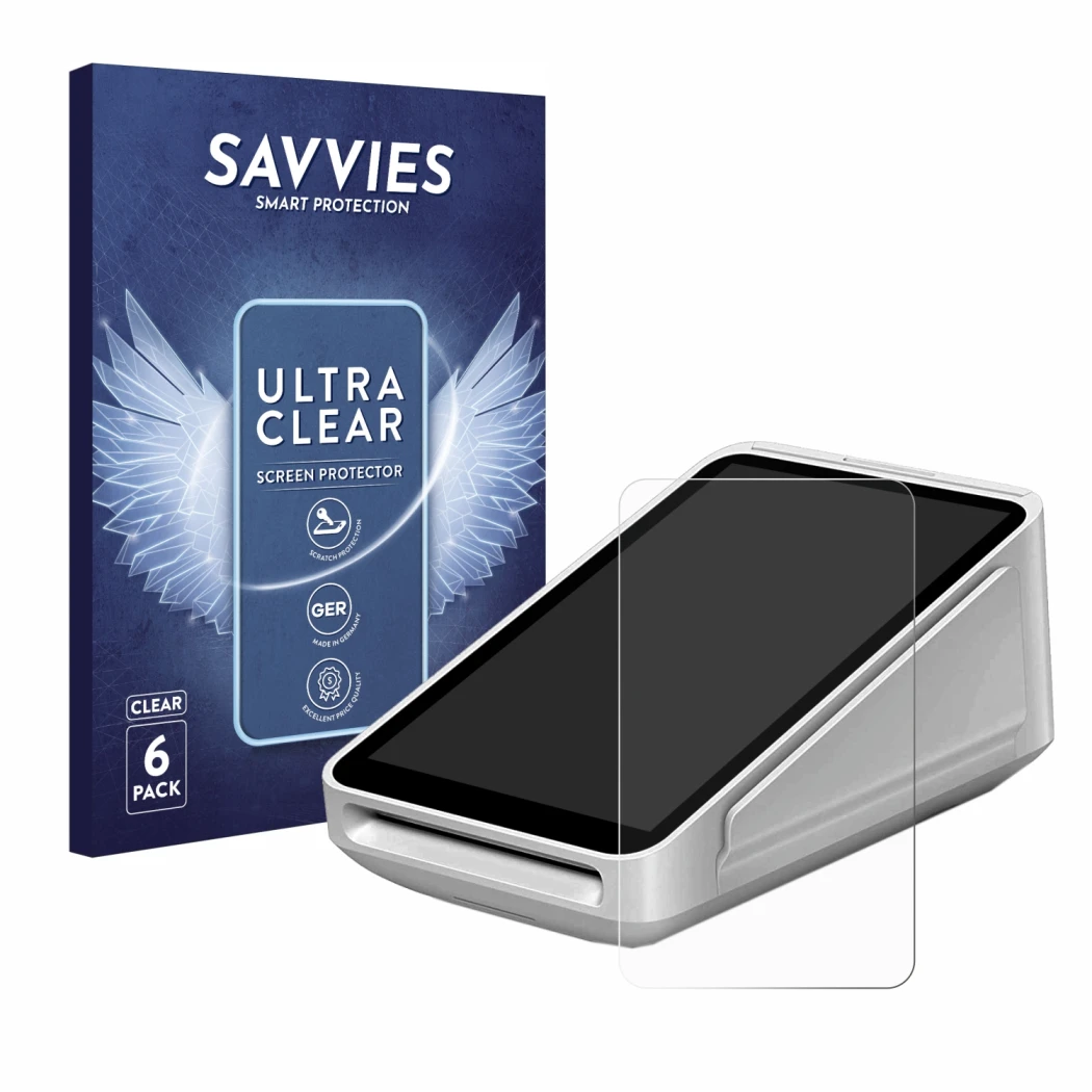 Front side of a product packaging with the brand logo Savvies. Next to it is the device Square Terminal shown with the corresp