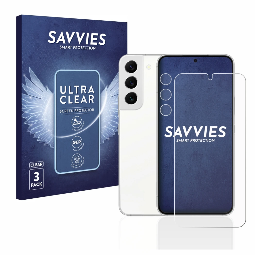Front side of a product packaging with the brand logo Savvies. Next to it is the device Samsung Galaxy S22 5G (Front+Camera) s