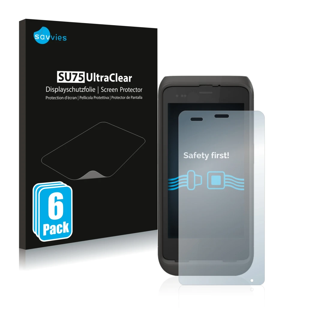 Front side of a product packaging with the brand logo Savvies. Next to it is the device Honeywell CT45 XP shown with the corre
