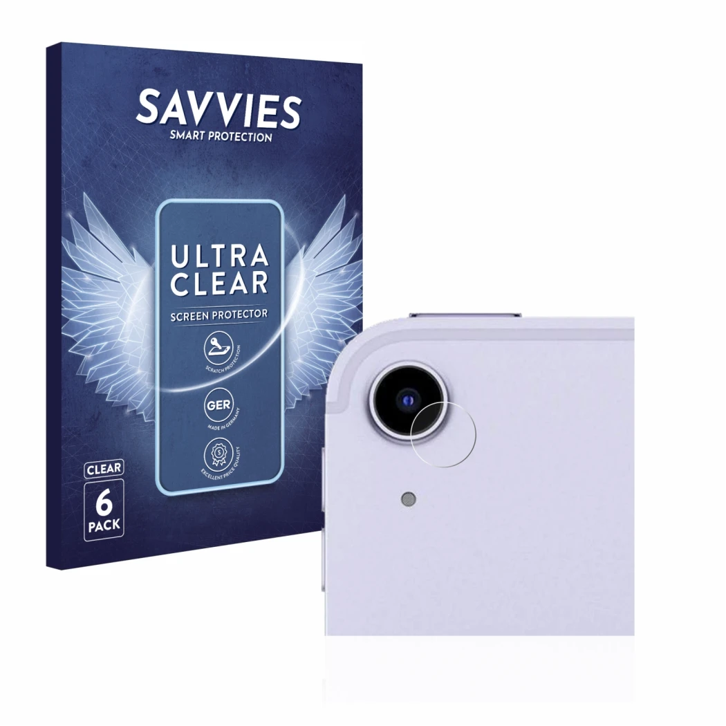 Front side of a product packaging with the brand logo Savvies. Next to it is the device Apple iPad Air 5 WiFi 2022 (ONLY Camer