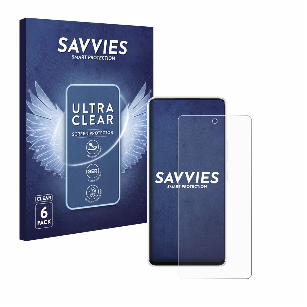 Front side of a product packaging with the brand logo Savvies. Next to it is the device Samsung Galaxy A53 5G shown with the c