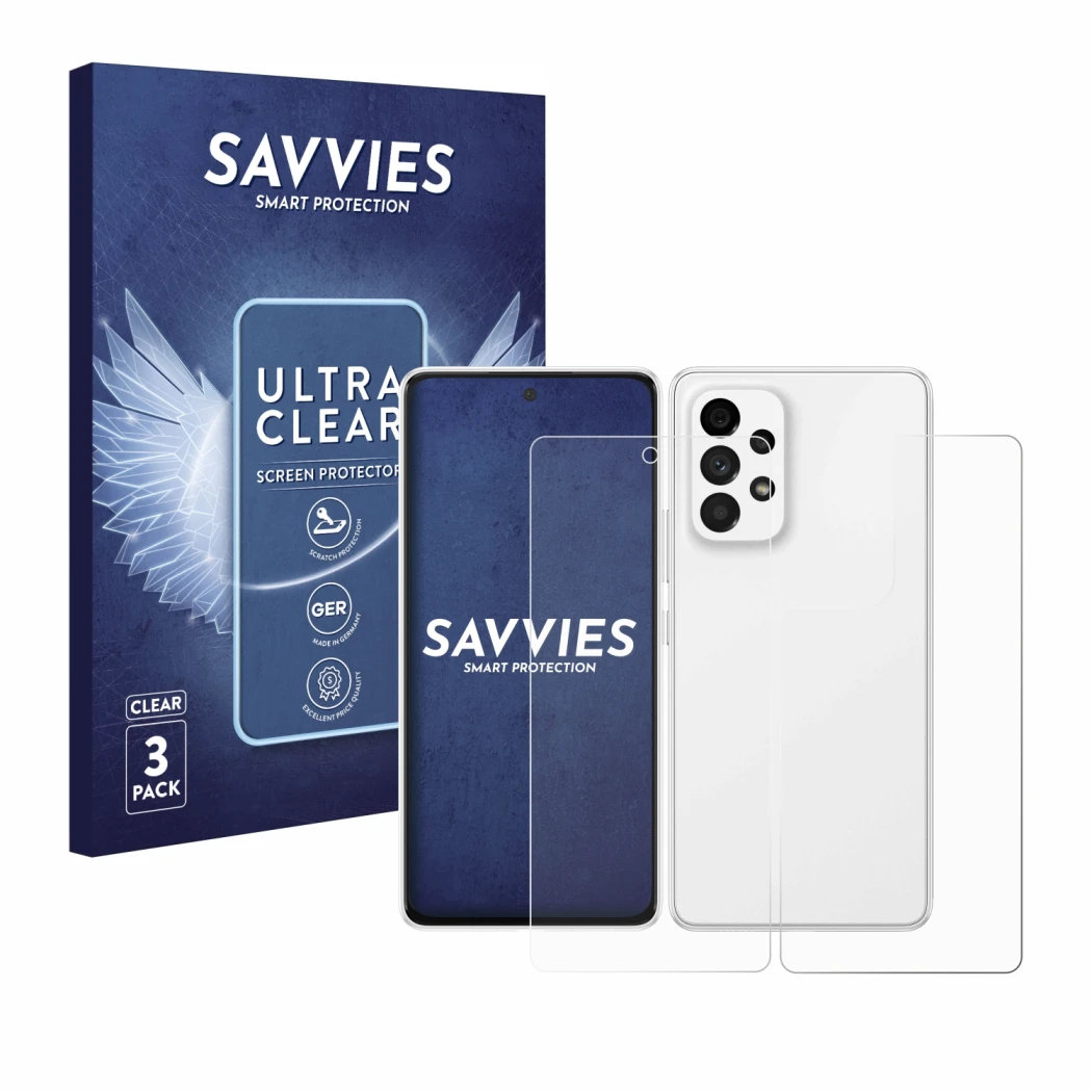 Front side of a product packaging with the brand logo Savvies. Next to it is the device Samsung Galaxy A53 5G (Front+Back) sho