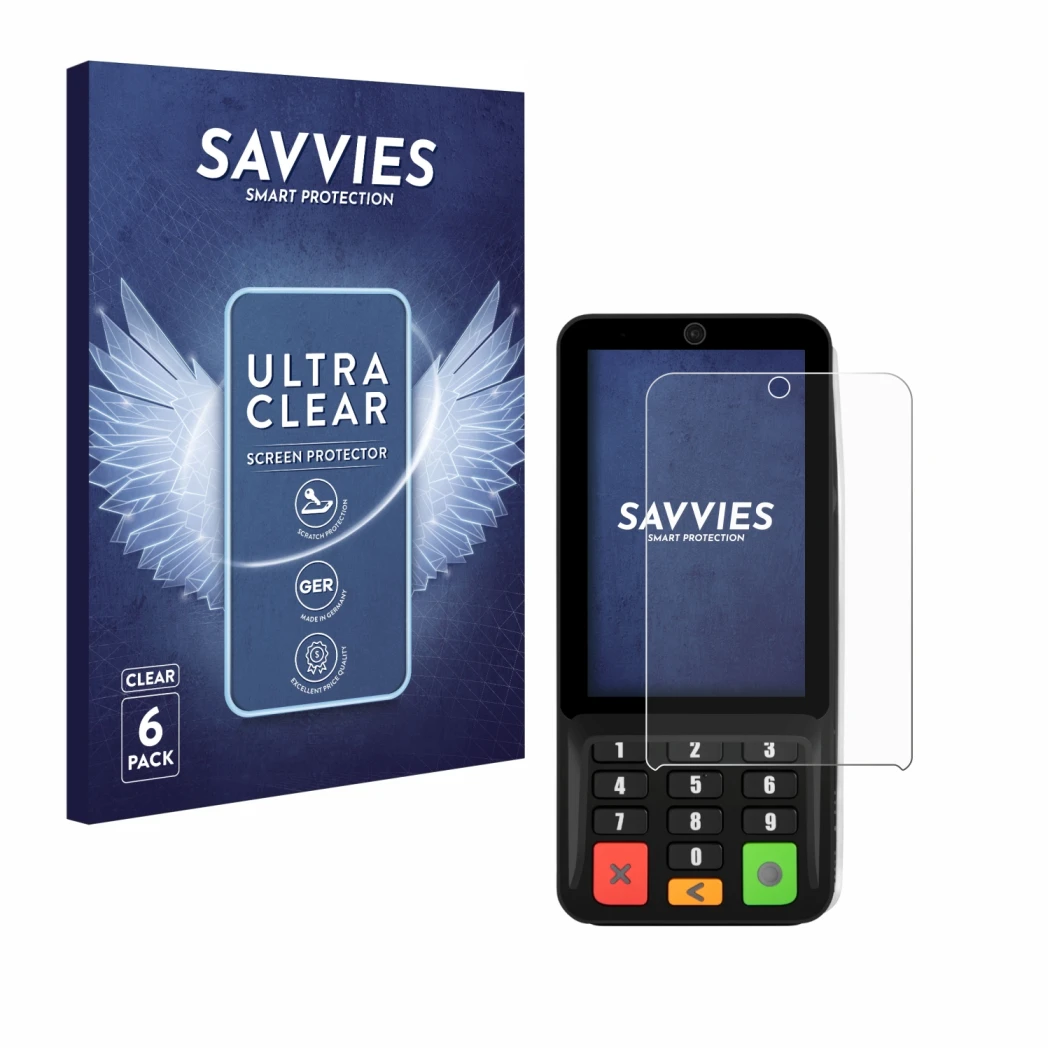 Front side of a product packaging with the brand logo Savvies. Next to it is the device Pax A35 shown with the corresponding s