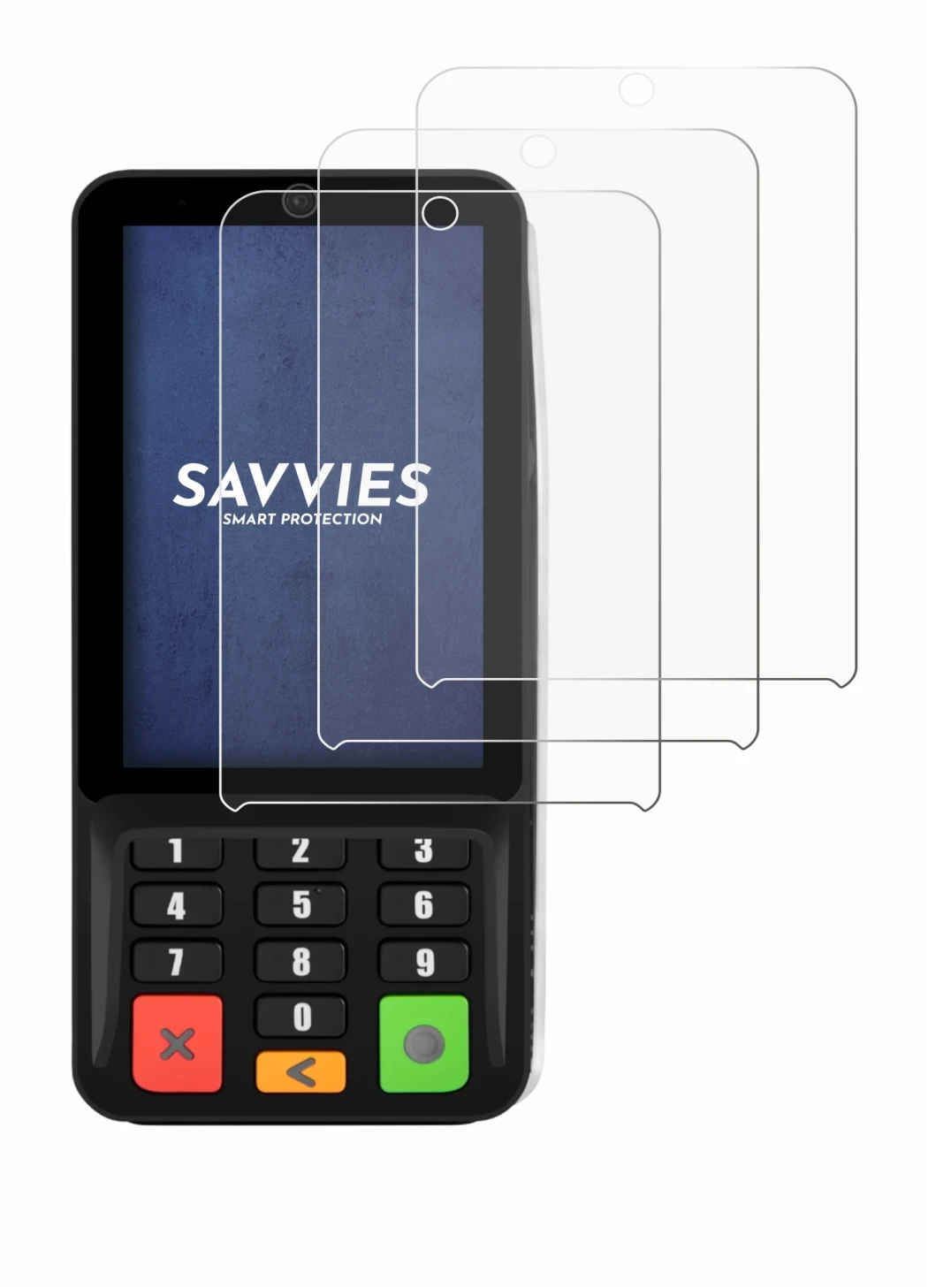 Image of the device Pax A35 with a wide variety of screen protectors.