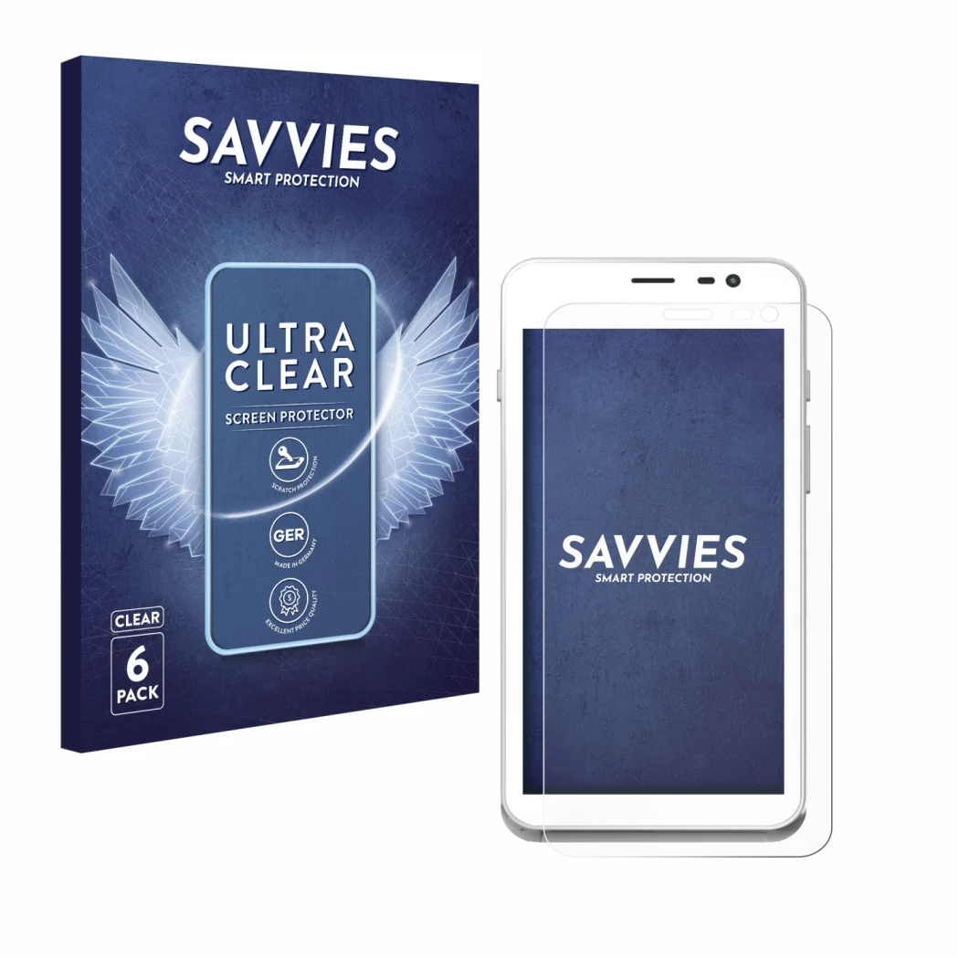 Front side of a product packaging with the brand logo Savvies. Next to it is the device Pax A77 shown with the corresponding s