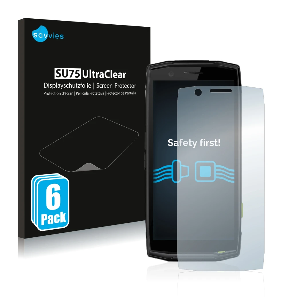 Front side of a product packaging with the brand logo Savvies. Next to it is the device Crosscall Action-X5 shown with the cor