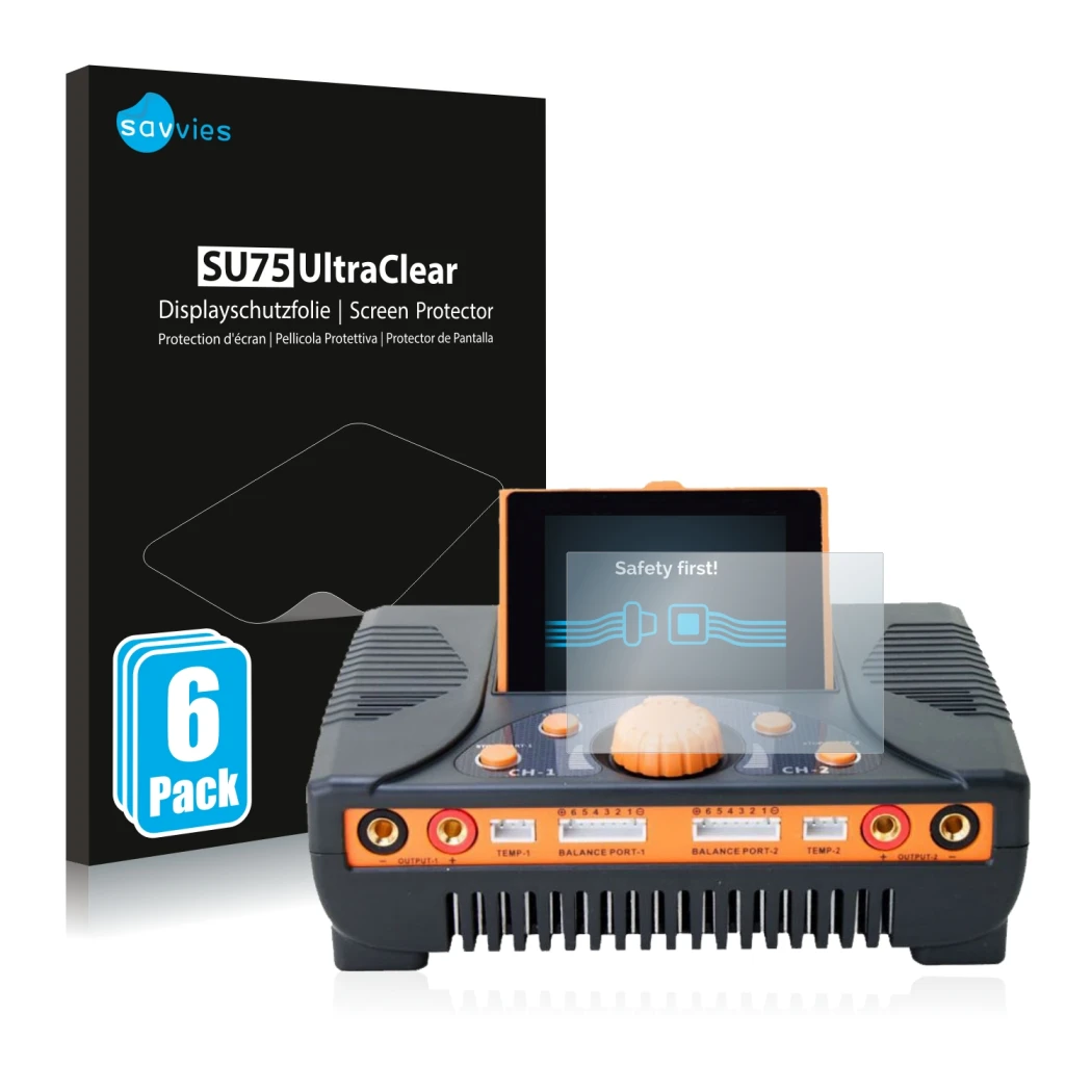 Front side of a product packaging with the brand logo Savvies. Next to it is the device Junsi iCharger 406 Duo shown with the 