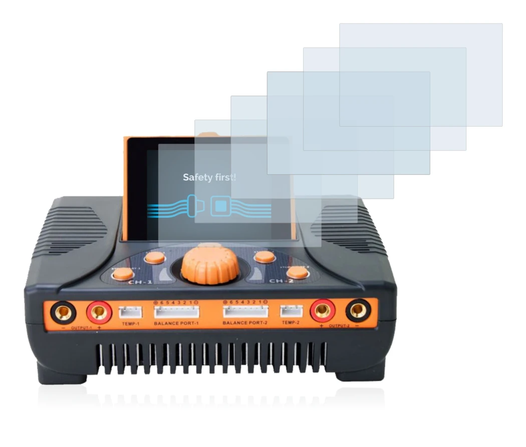 Image of the device Junsi iCharger 406 Duo with a wide variety of screen protectors.