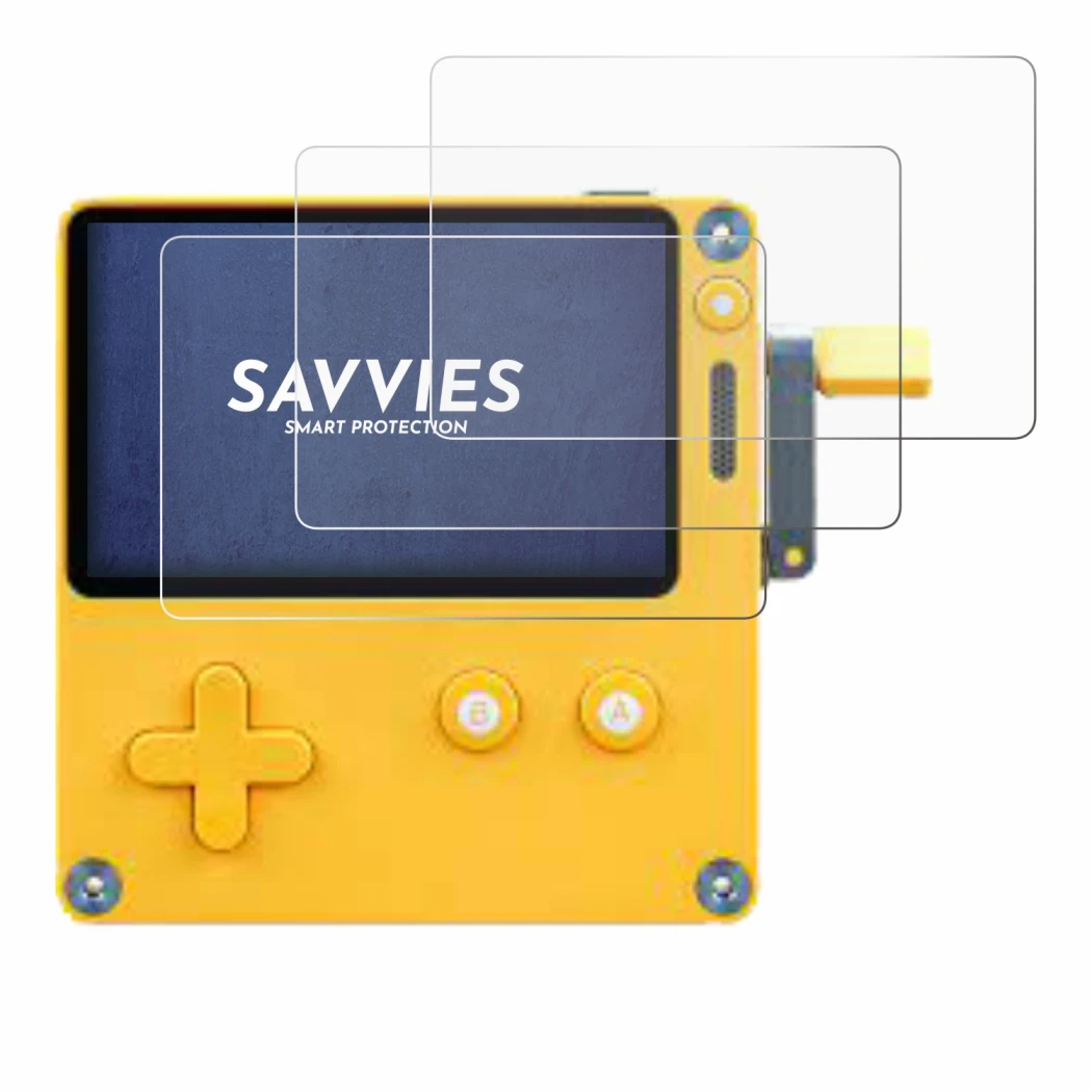 Image of the device Panic Playdate with a wide variety of screen protectors.