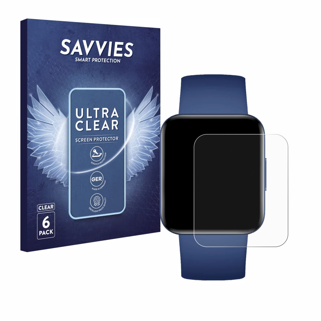 Front side of a product packaging with the brand logo Savvies. Next to it is the device Xiaomi Poco Watch shown with the corre