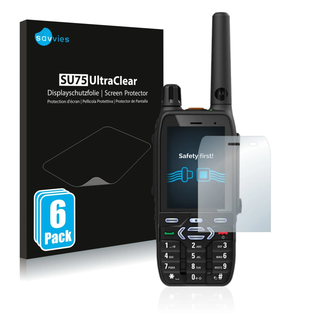 Front side of a product packaging with the brand logo Savvies. Next to it is the device Motorola MXP600 shown with the corresp