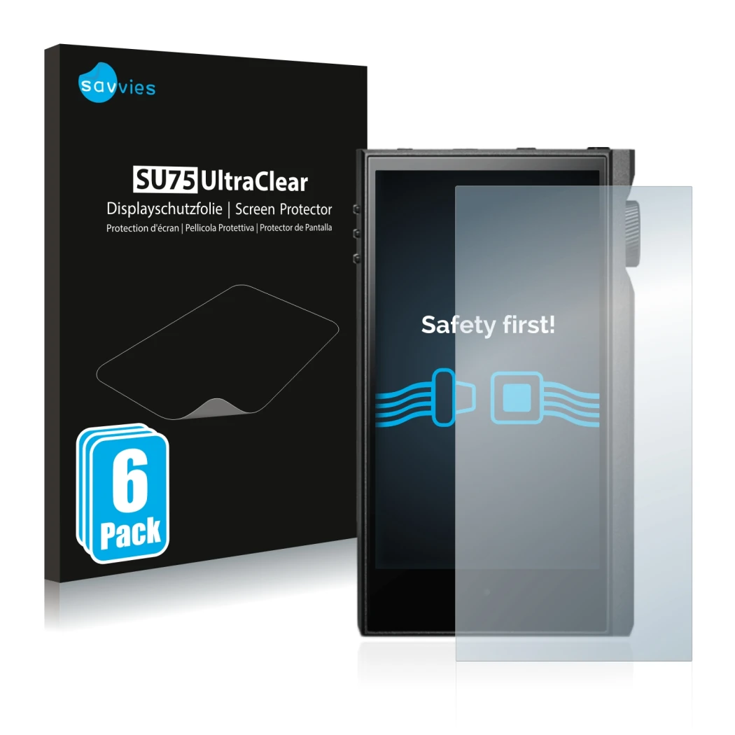 Front side of a product packaging with the brand logo Savvies. Next to it is the device Astell&Kern Kann Max shown with the co