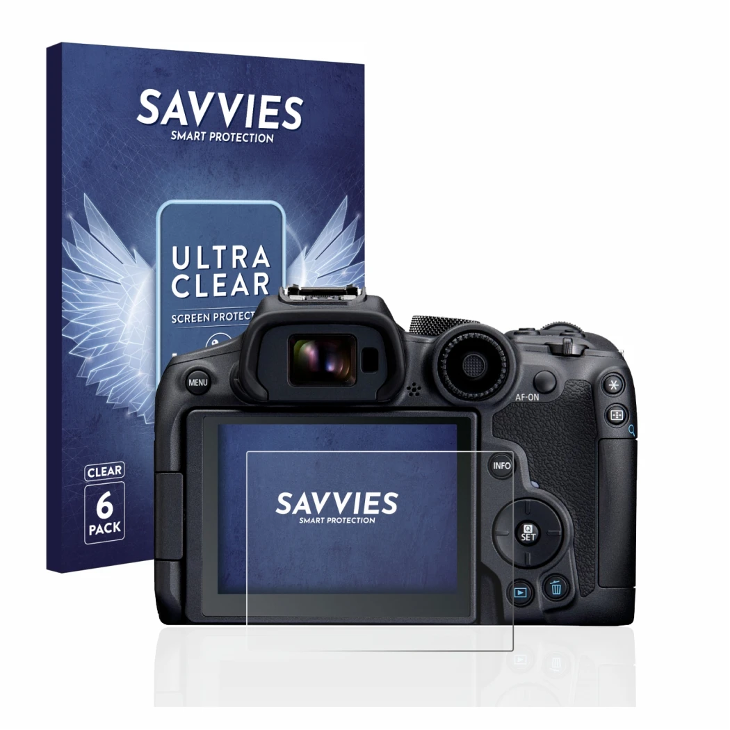 Front side of a product packaging with the brand logo Savvies. Next to it is the device Canon EOS R7 shown with the correspond