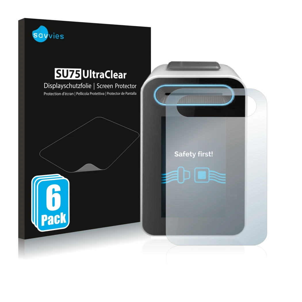 Front side of a product packaging with the brand logo Savvies. Next to it is the device Cherry eHealth Terminal ST-1506 shown 