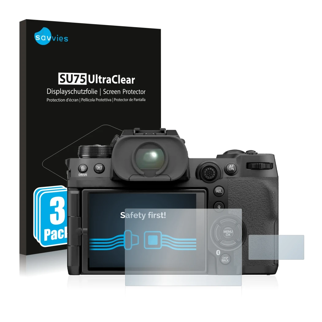 Front side of a product packaging with the brand logo Savvies. Next to it is the device Fujifilm X-H2S shown with the correspo