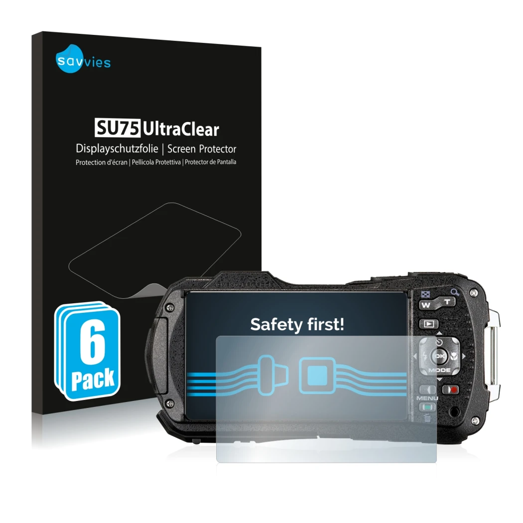 Front side of a product packaging with the brand logo Savvies. Next to it is the device Ricoh WG-80 shown with the correspondi