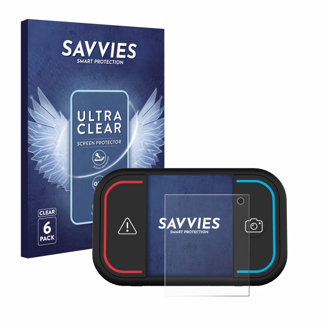 Front side of a product packaging with the brand logo Savvies. Next to it is the device Saphe Drive Mini shown with the corres