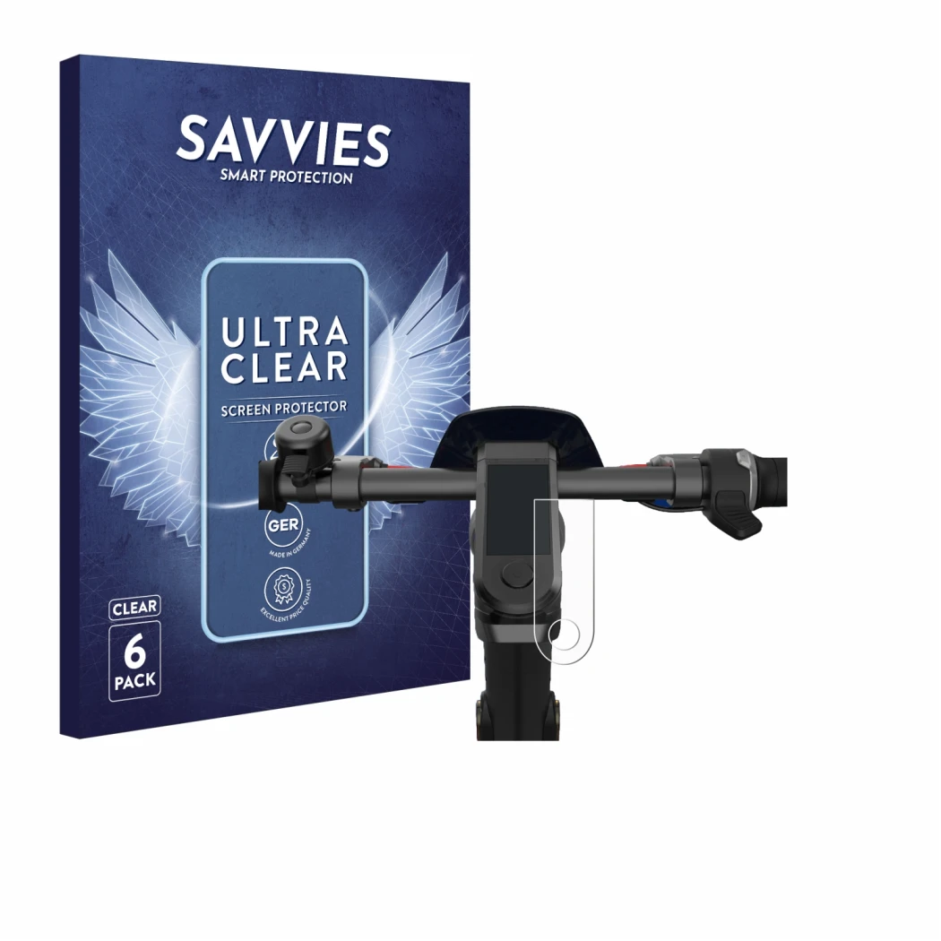 Front side of a product packaging with the brand logo Savvies. Next to it is the device NIU KQi3 Pro shown with the correspond