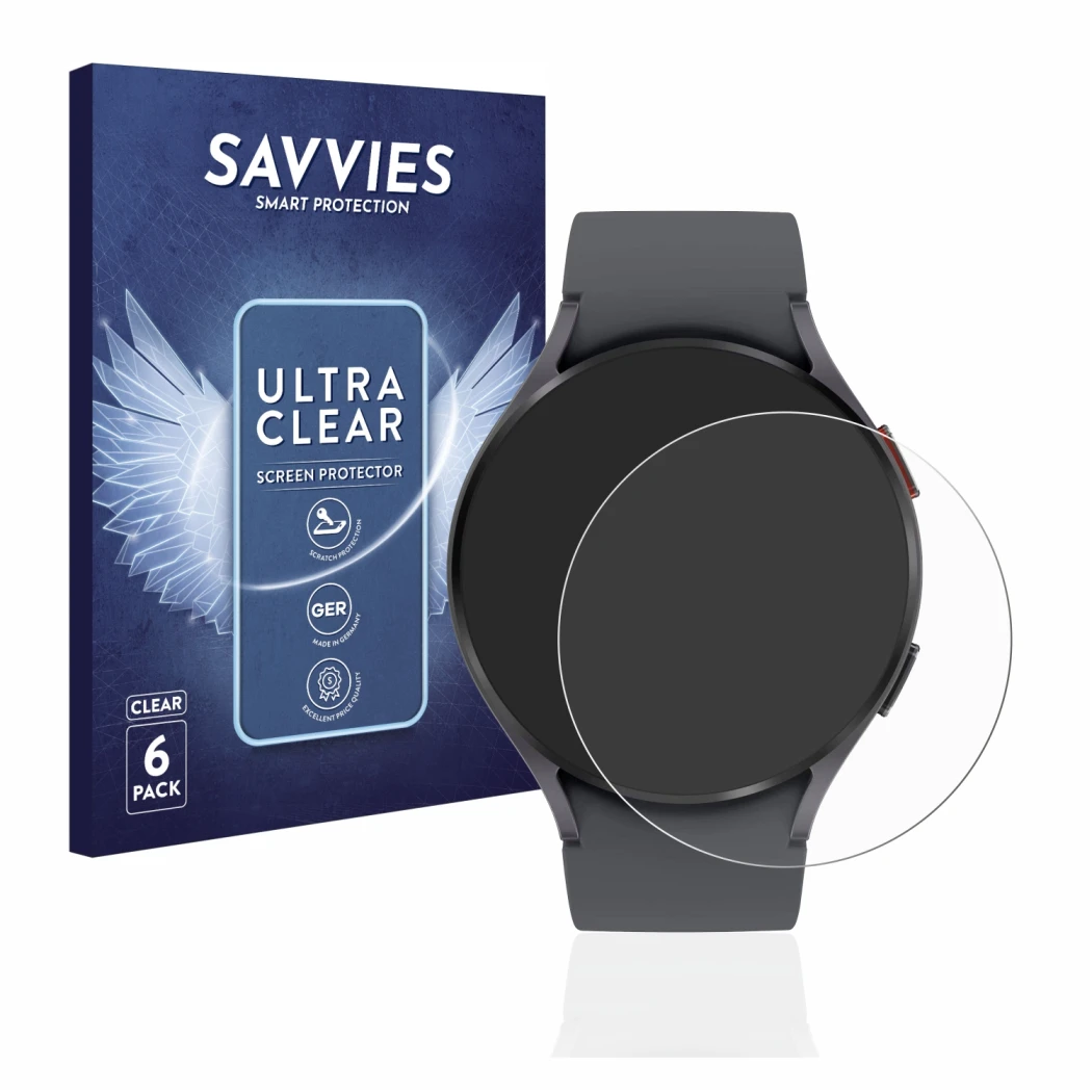 Front side of a product packaging with the brand logo Savvies. Next to it is the device Samsung Galaxy Watch 5 (44mm) shown wi