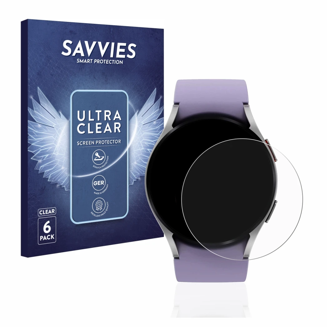 Front side of a product packaging with the brand logo Savvies. Next to it is the device Samsung Galaxy Watch 5 (40mm) shown wi