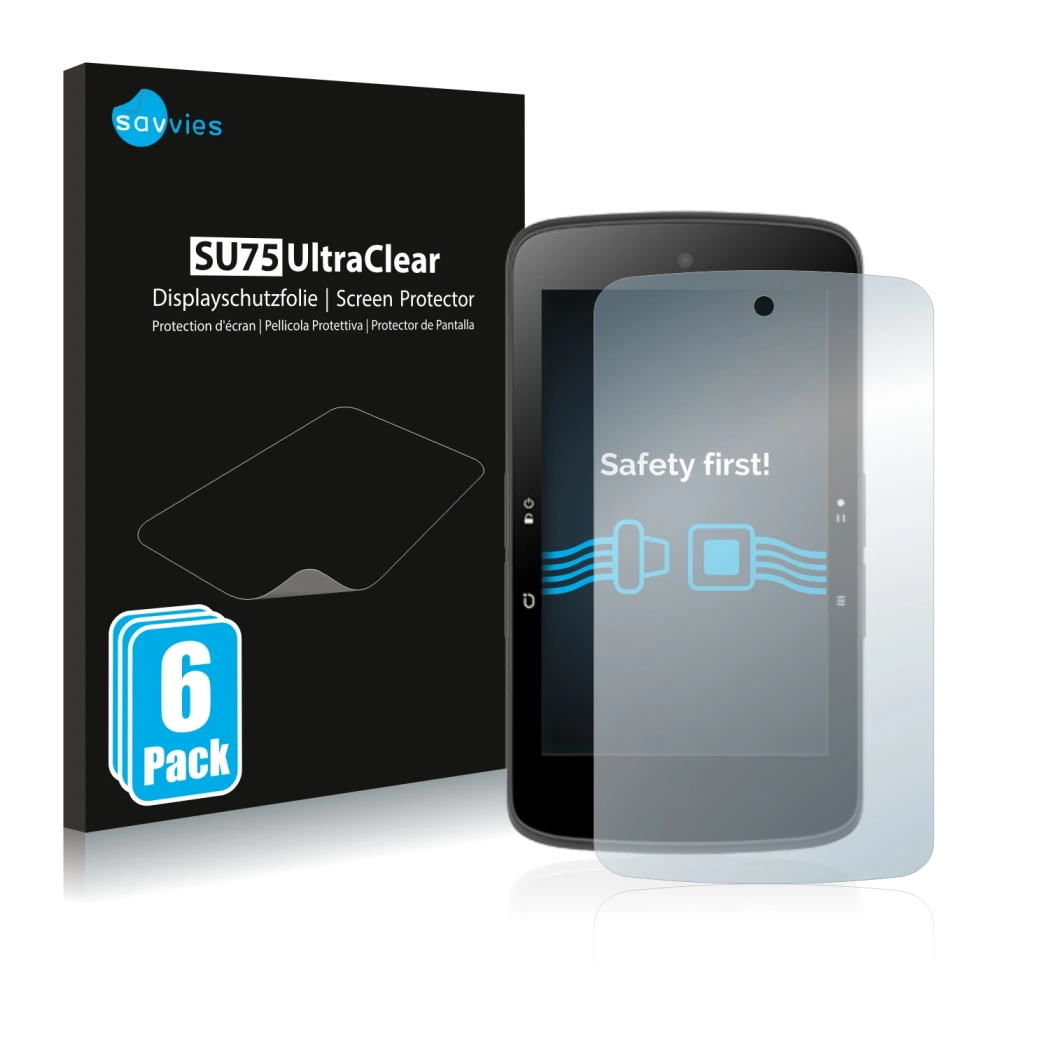 Front side of a product packaging with the brand logo Savvies. Next to it is the device Bryton Rider S800 shown with the corre