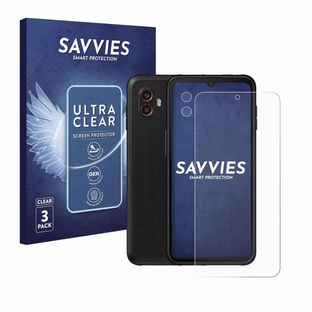 Front side of a product packaging with the brand logo Savvies. Next to it is the device Samsung Galaxy Xcover 6 Pro (Front+Cam
