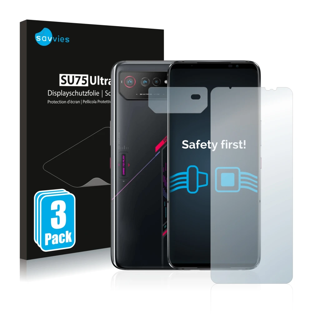 Front side of a product packaging with the brand logo Savvies. Next to it is the device ASUS ROG Phone 6 (Front+Camera) shown 