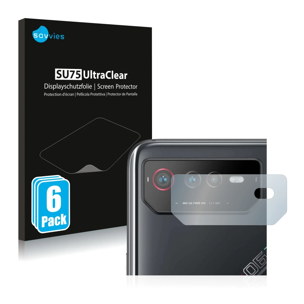 Front side of a product packaging with the brand logo Savvies. Next to it is the device ASUS ROG Phone 6 (ONLY Camera Lens) sh