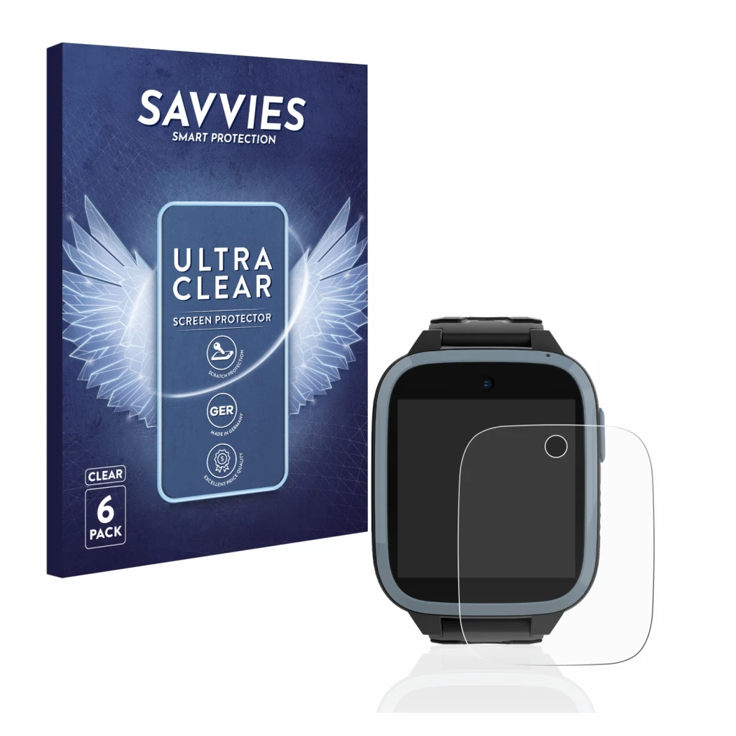 Front side of a product packaging with the brand logo Savvies. Next to it is the device Xplora XGO3 (1st Gen.) shown with the 