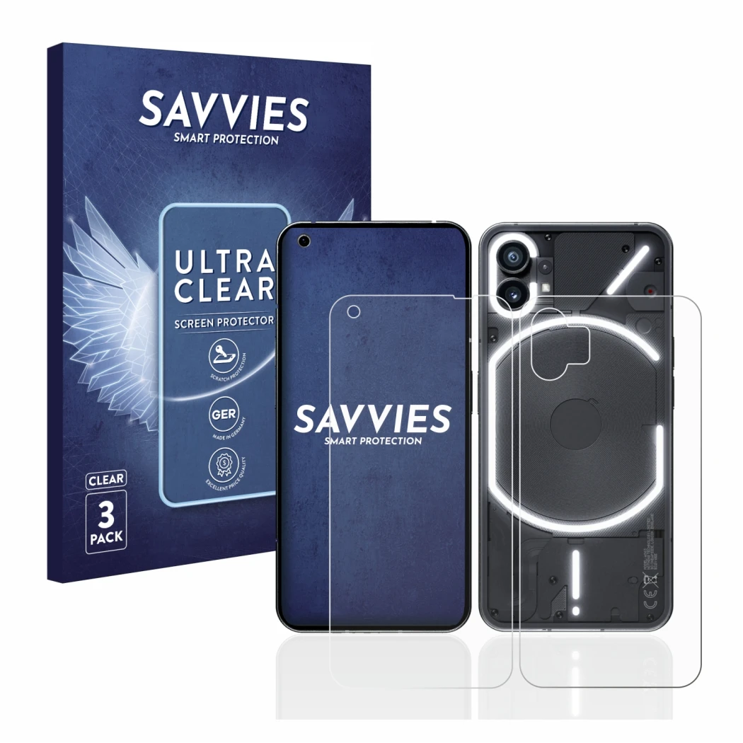 Front side of a product packaging with the brand logo Savvies. Next to it is the device Nothing Phone (1) (Front+Back) shown w