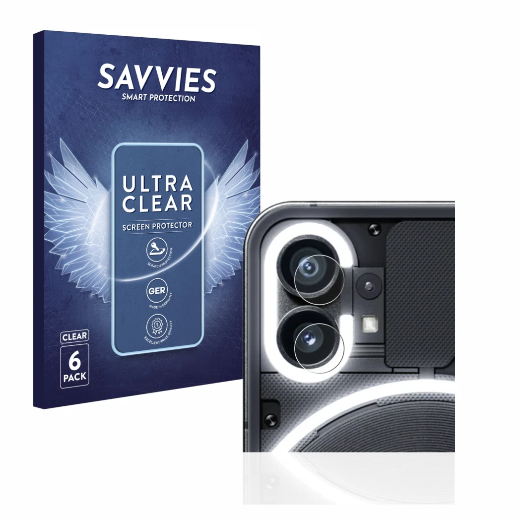 Front side of a product packaging with the brand logo Savvies. Next to it is the device Nothing Phone (1) (ONLY Camera Lens) s