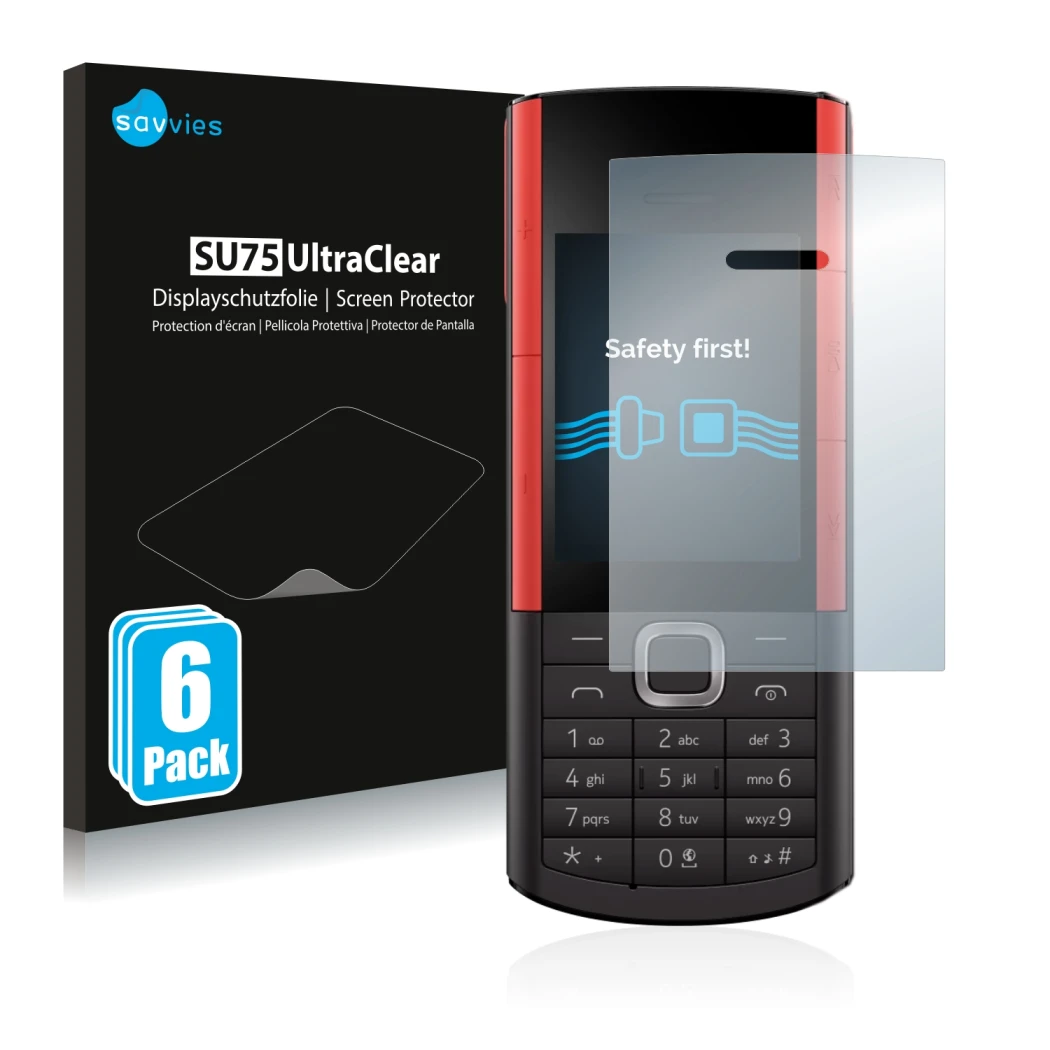 Front side of a product packaging with the brand logo Savvies. Next to it is the device Nokia 5710 XA shown with the correspon